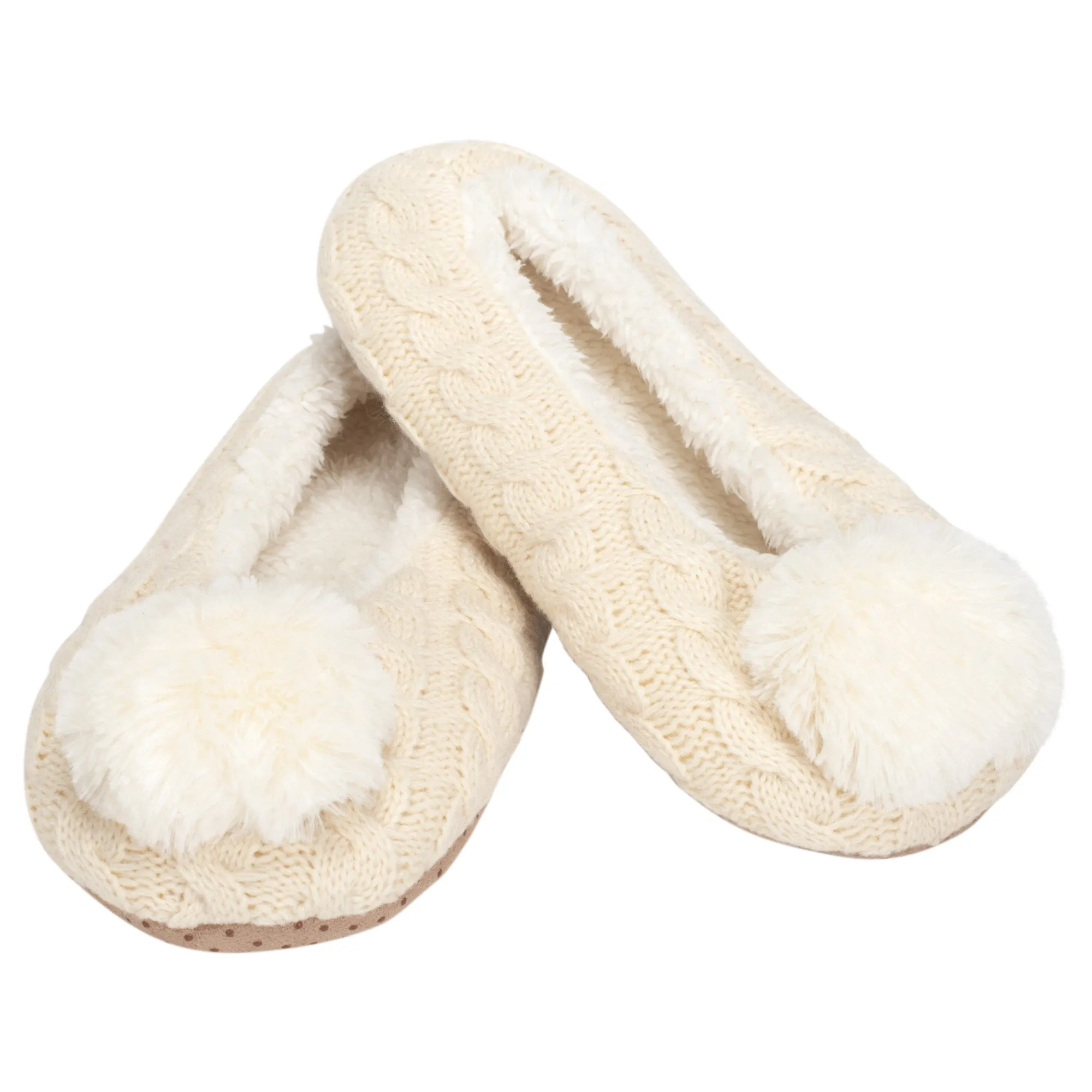 Ballerina Knit Pom Womens Plush Lined Cozy Non Slip Indoor Soft Slipper - Cream, Large