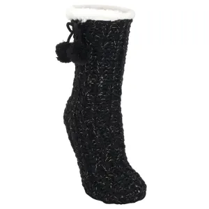 Black Gold Glitter Knit Pom Pom Womens One Size Plush Lined Non Skid Indoor Slipper Socks