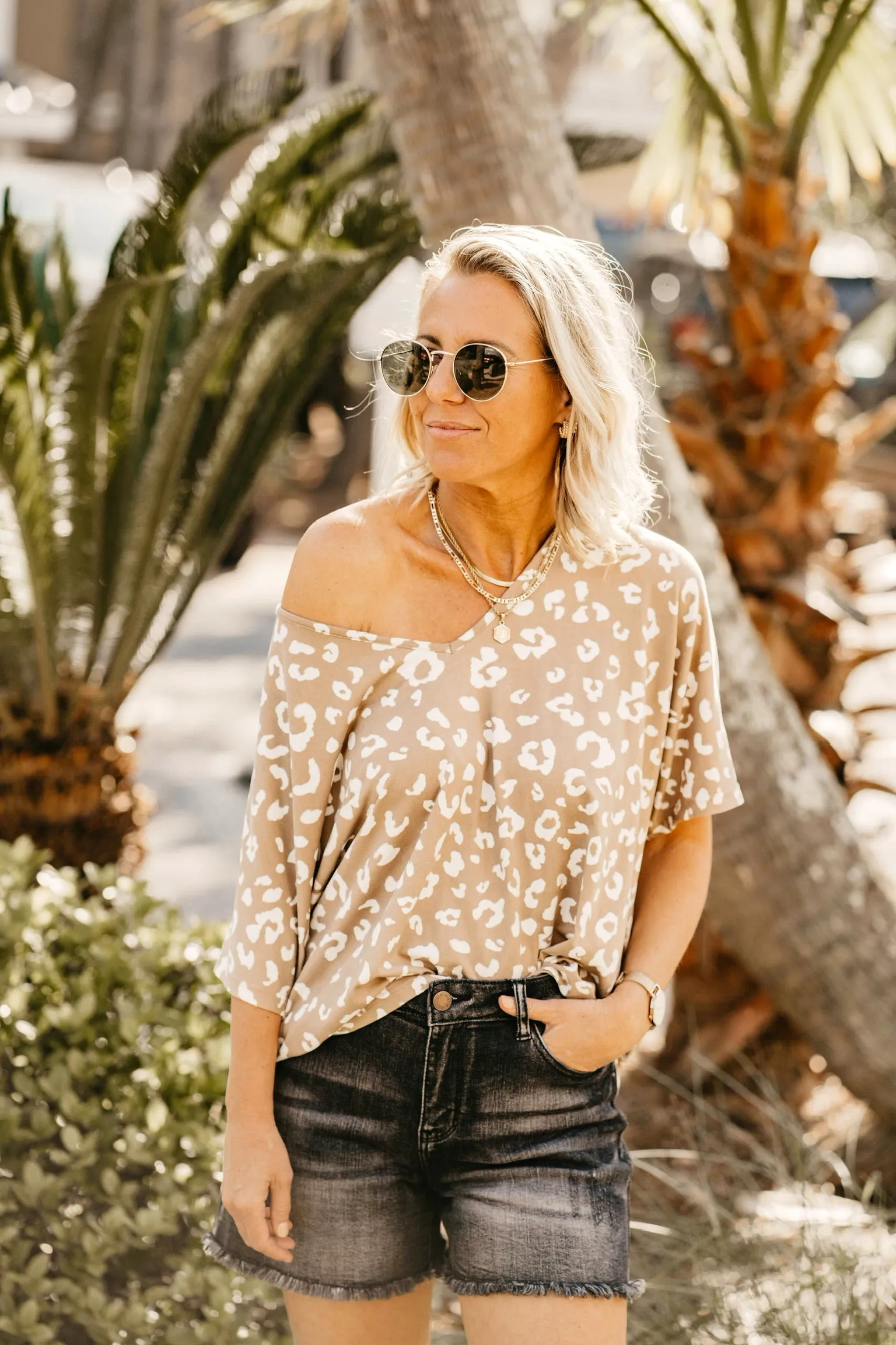 Catching Flights Leopard V Neck Shift Top in Latte and Ivory