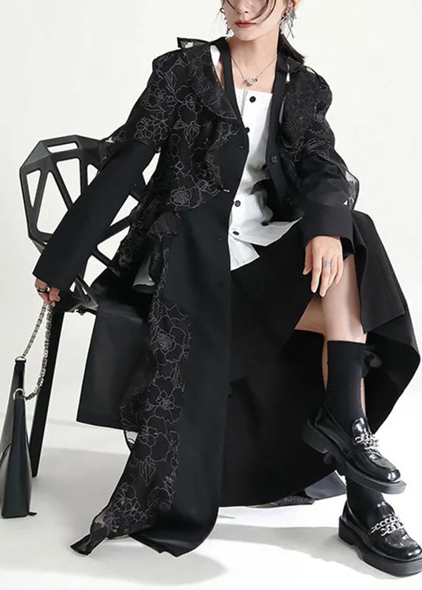 Chic Black Asymmetrical Ruffled Patchwork Tulle Trench Coats Fall