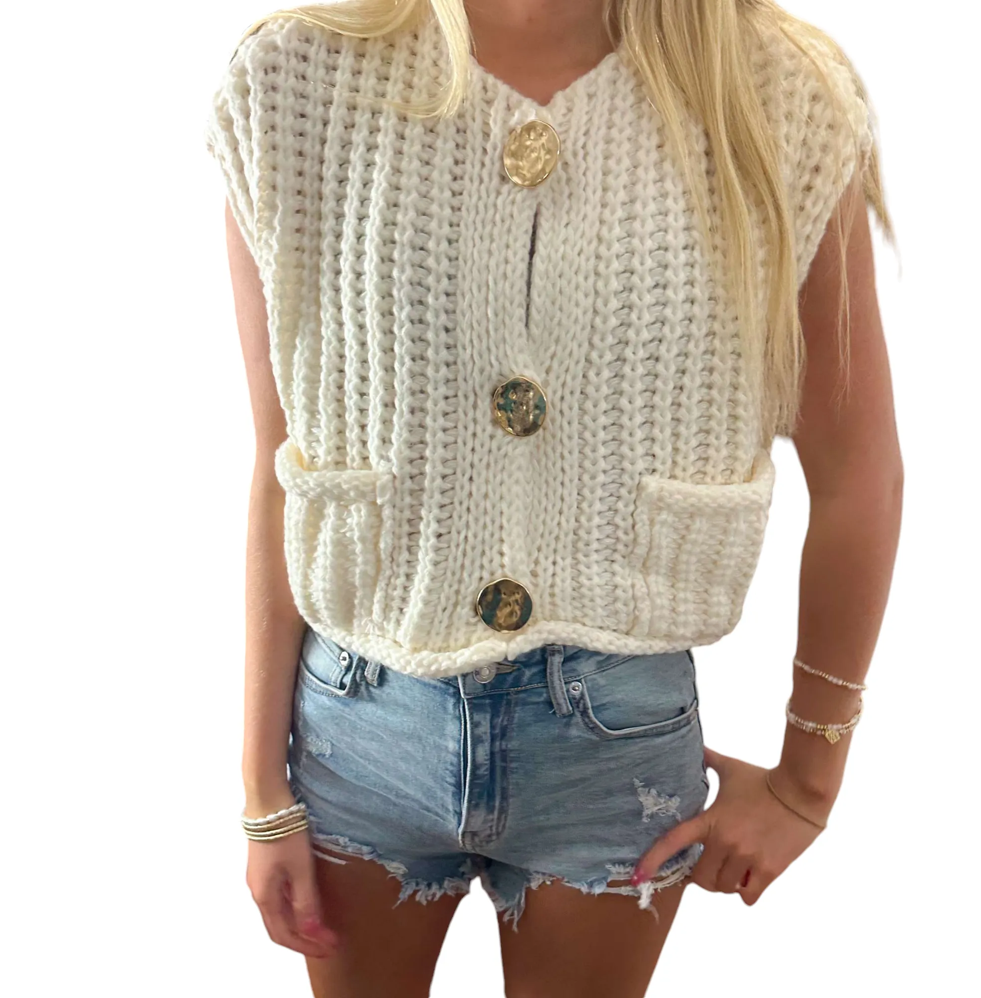 Chic White Sweater Vest with Elegant Gold Buttons