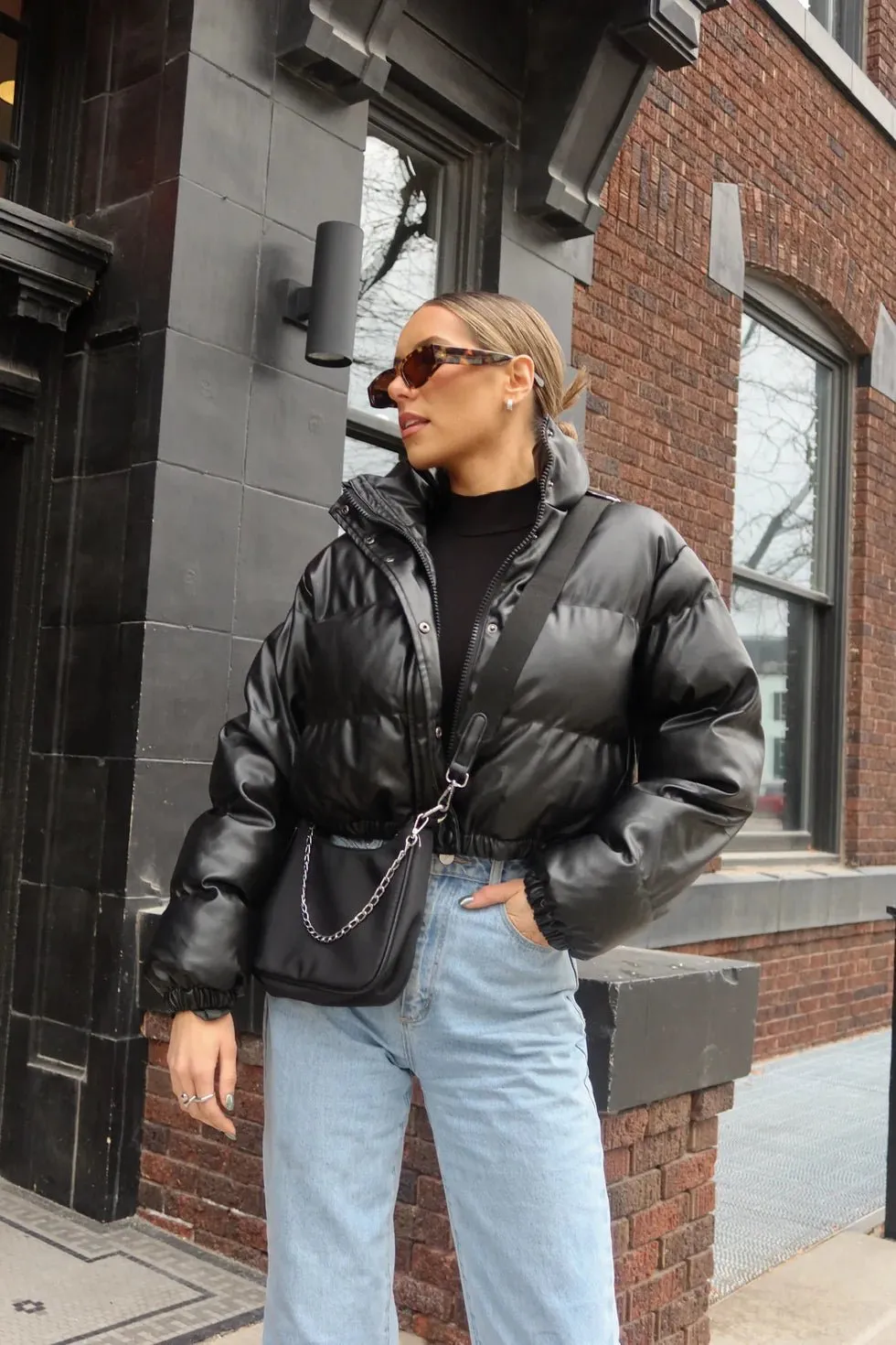 Faux Leather Black Puffer Jacket