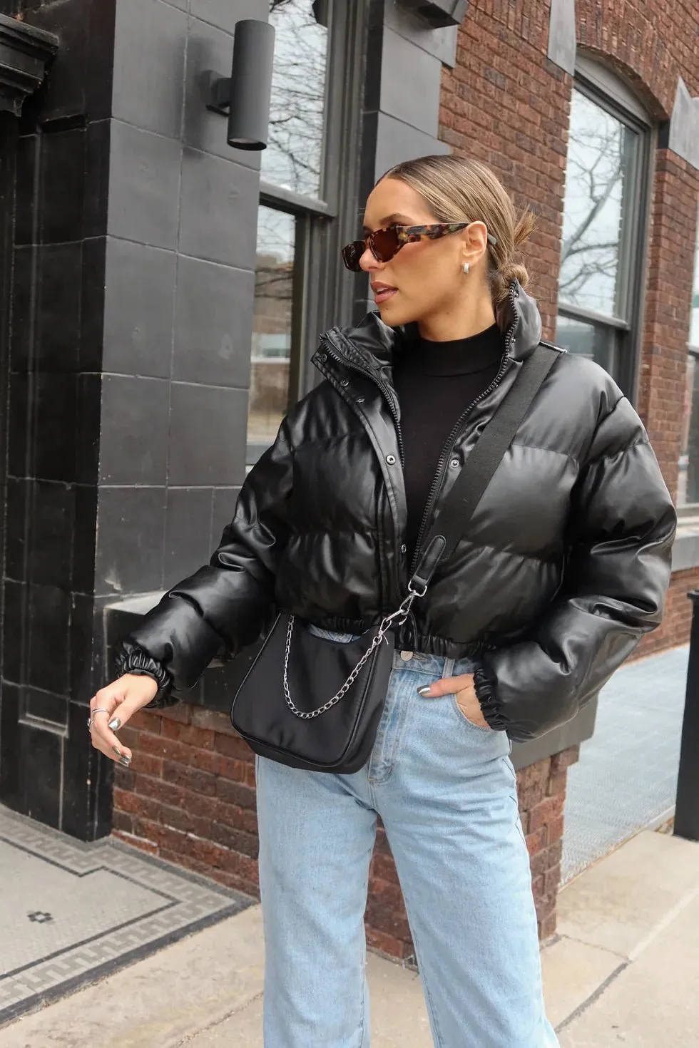 Faux Leather Black Puffer Jacket