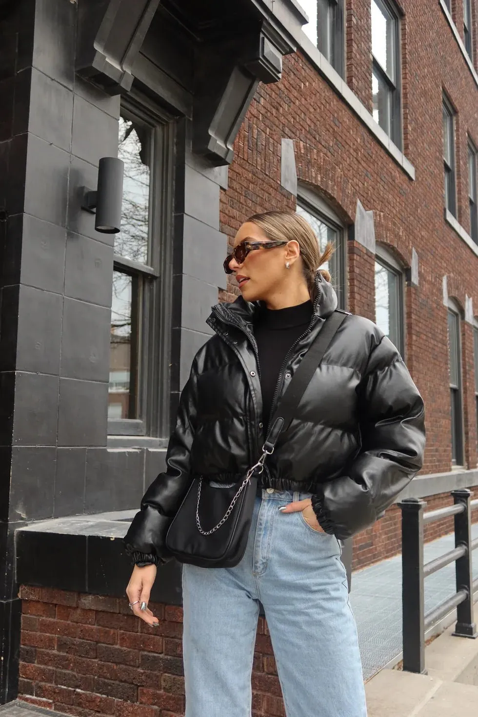 Faux Leather Black Puffer Jacket