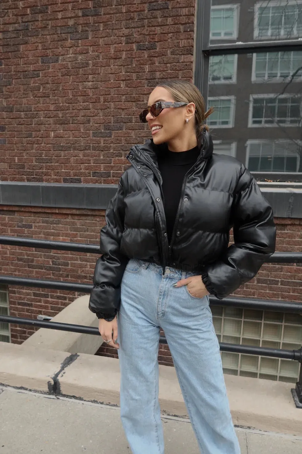 Faux Leather Black Puffer Jacket