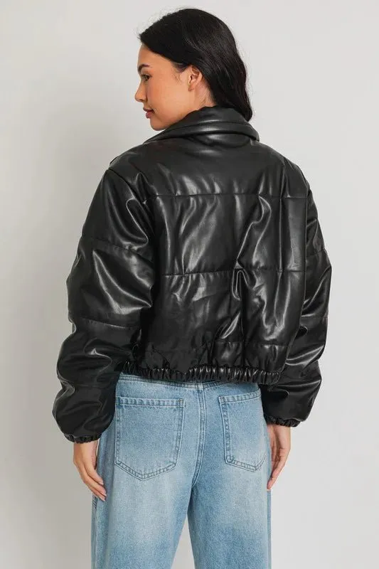 Faux Leather Black Puffer Jacket