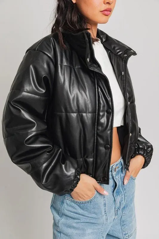 Faux Leather Black Puffer Jacket