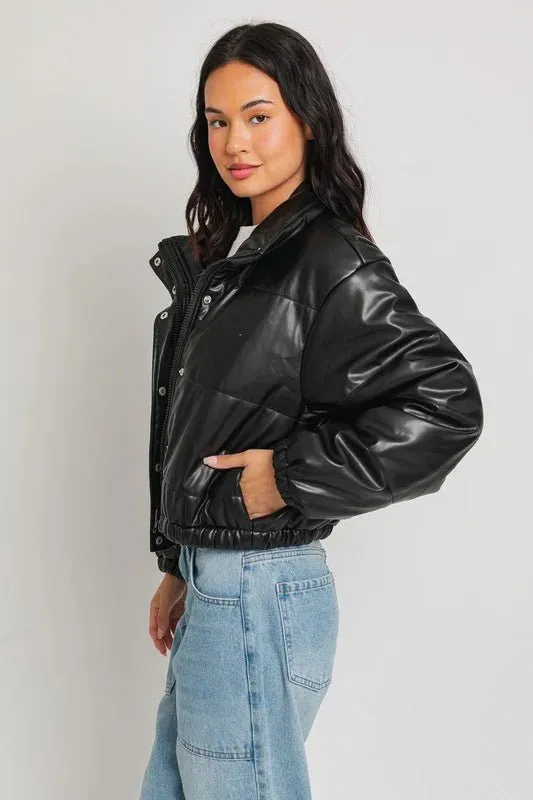 Faux Leather Black Puffer Jacket