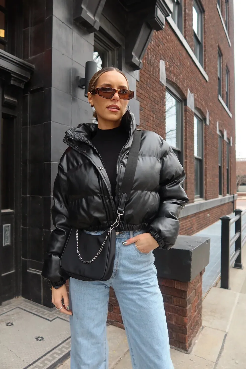 Faux Leather Black Puffer Jacket