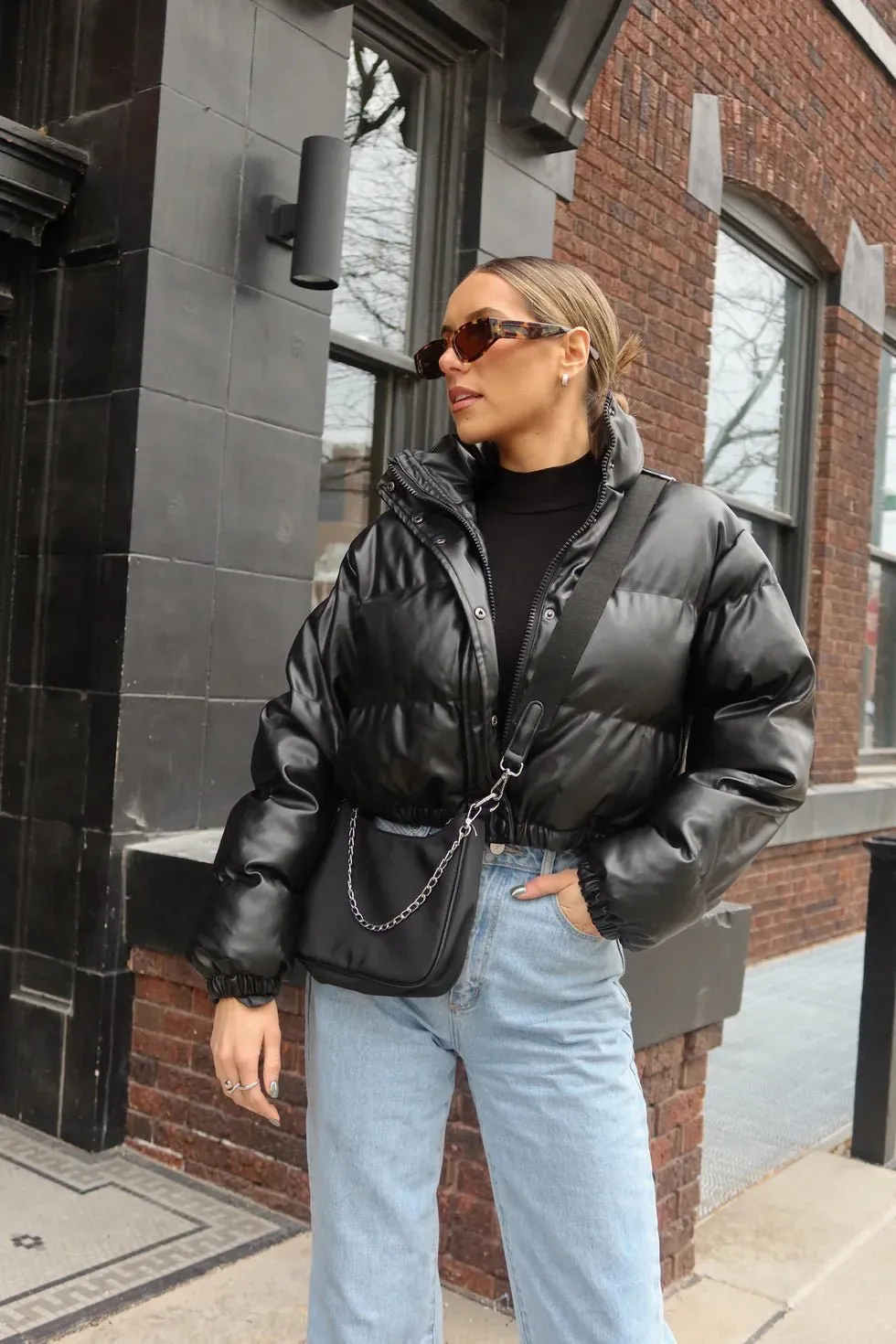 Faux Leather Black Puffer Jacket