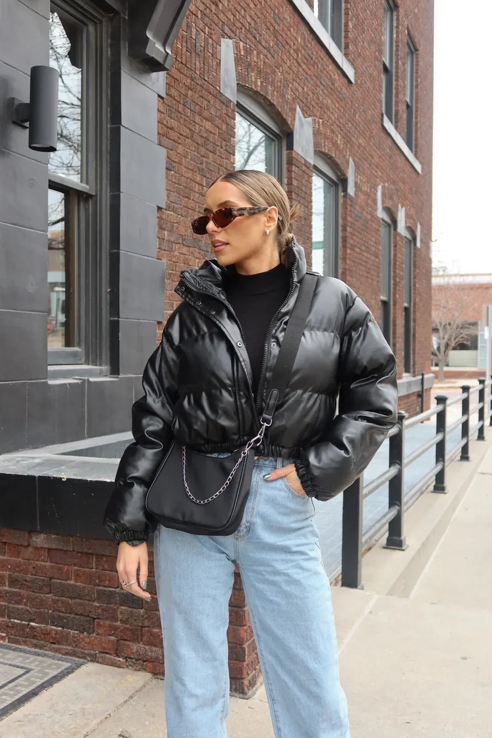 Faux Leather Black Puffer Jacket