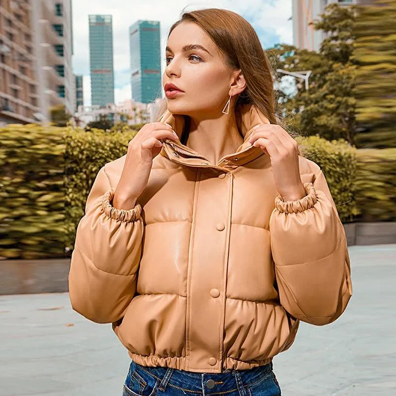 Faux Leather Padded Down Jacket