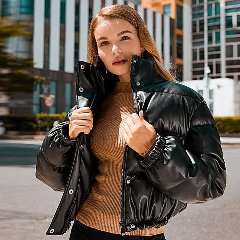 Faux Leather Padded Down Jacket