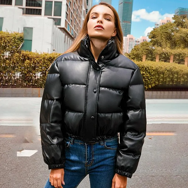 Faux Leather Padded Down Jacket