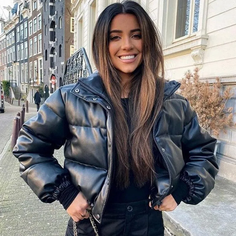 Faux Leather Padded Down Jacket