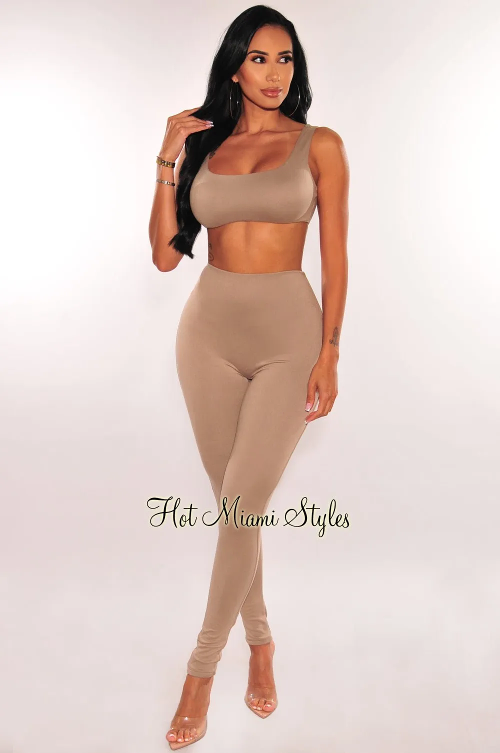 HMS Essential: Mocha Crop Top High Waist Legging Two Piece Set