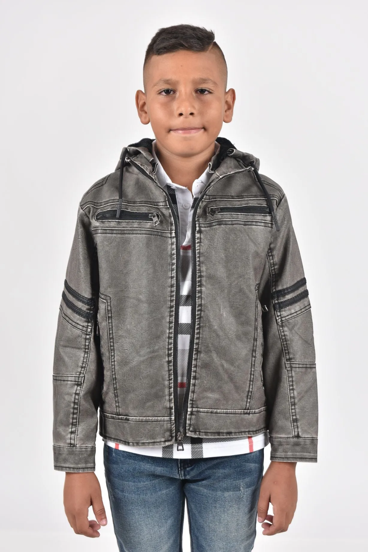 Kid's Gray Hooded Washed Biker Jacket with Fur Lining