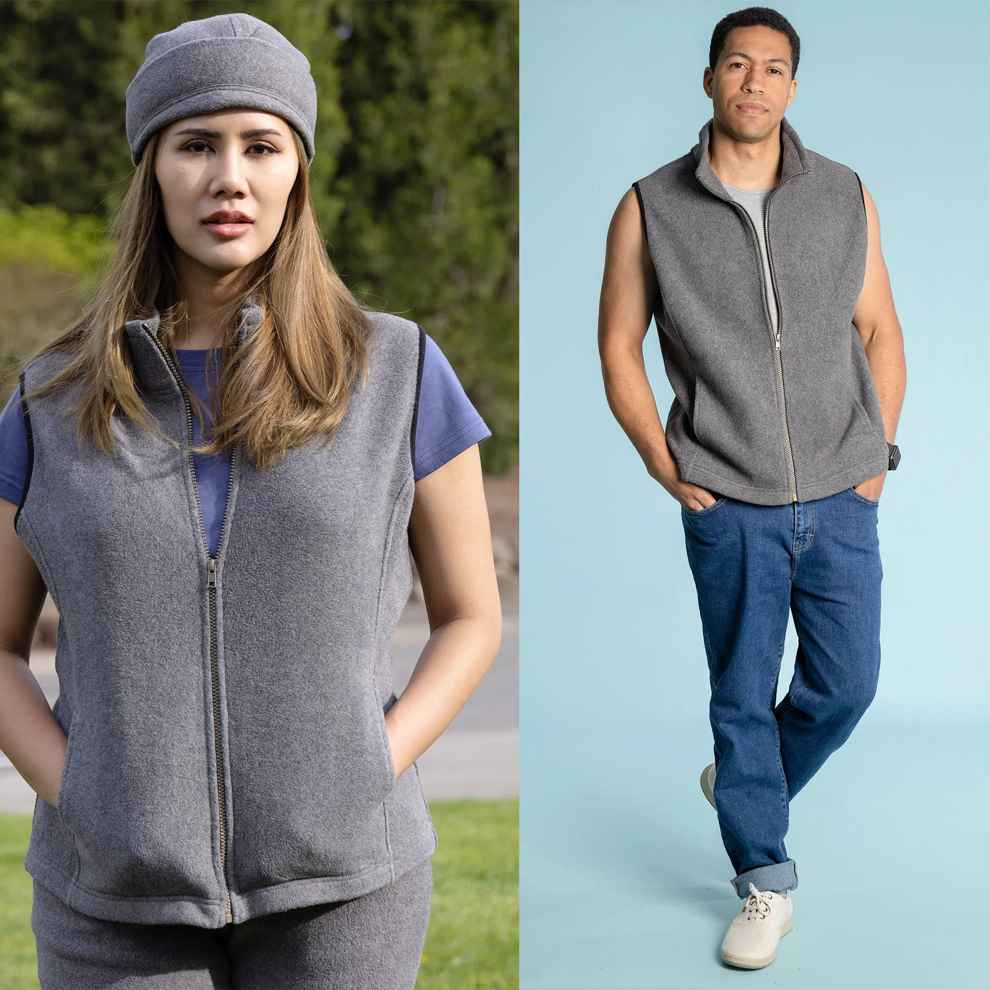 LAKE TAHOE  100% Organic Cotton Fleece Zippered Vest (2 Side Pockets) (YKK Zippers, OC Thread Option)