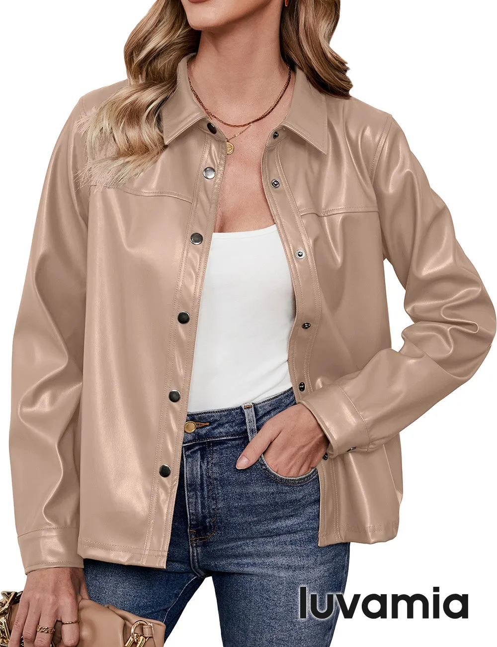 luvamia Faux Leather Jackets for Women Long Sleeves Vegan Leather Shackets Jacket Side Pockets Trendy Moto Biker Coat