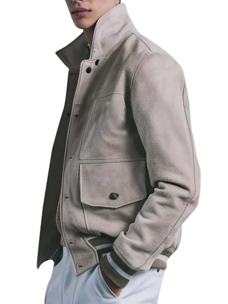 Men's Classic Beige Suede Bomber Jacket