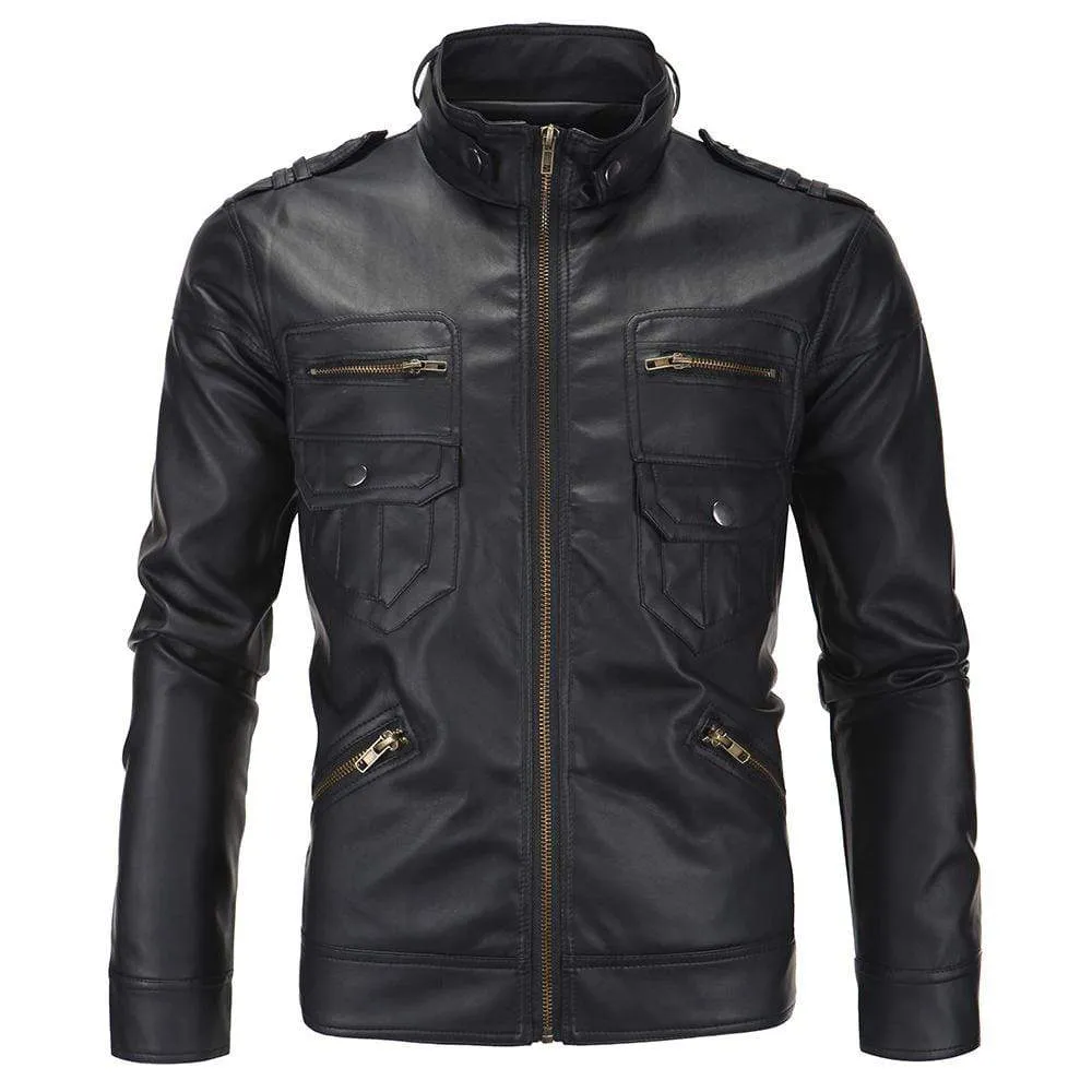 Men's Punk Front Zip Faux Leather Jackets With Pockets