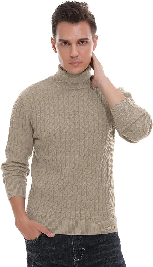 Men's Twisted Knitted Turtleneck Sweater Casual Soft Pullover Sweaters - Khaki