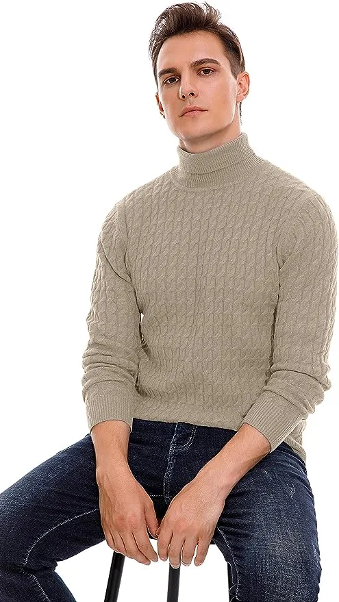 Men's Twisted Knitted Turtleneck Sweater Casual Soft Pullover Sweaters - Khaki