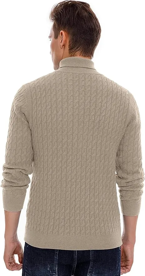 Men's Twisted Knitted Turtleneck Sweater Casual Soft Pullover Sweaters - Khaki