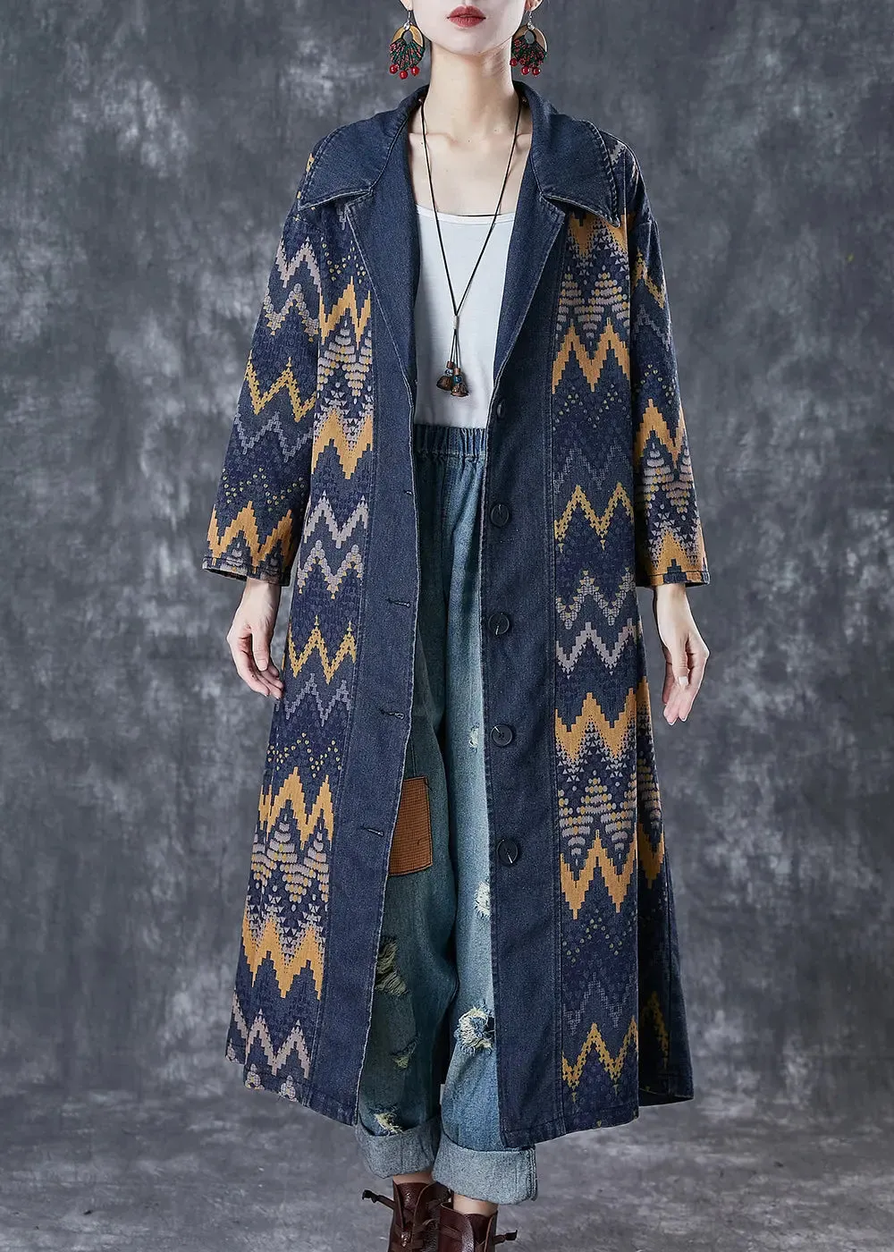 Navy Print Denim Coat Outwear Fall