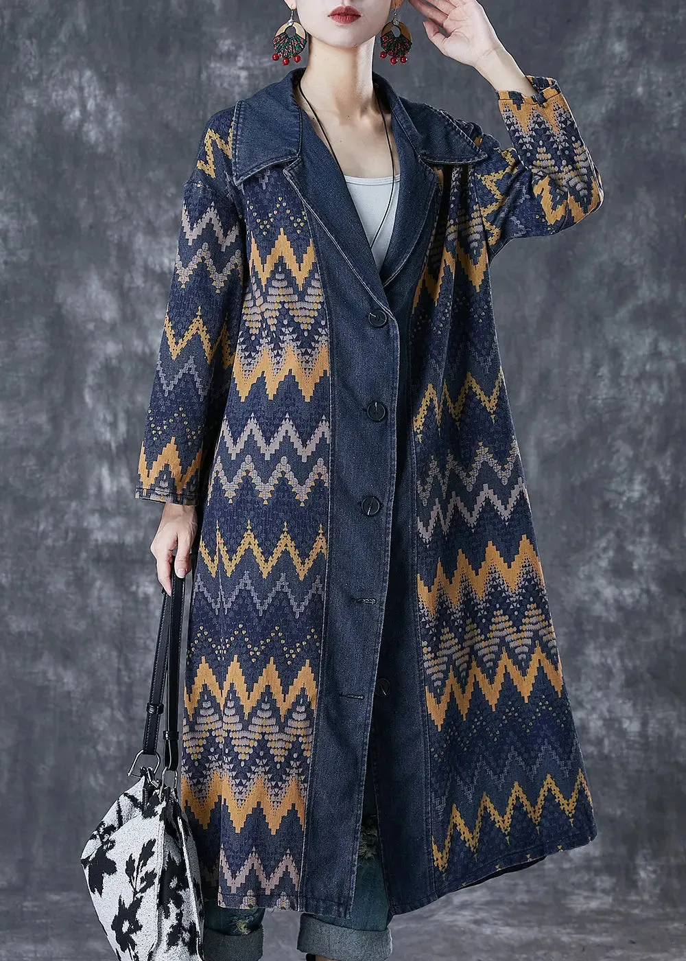 Navy Print Denim Coat Outwear Fall