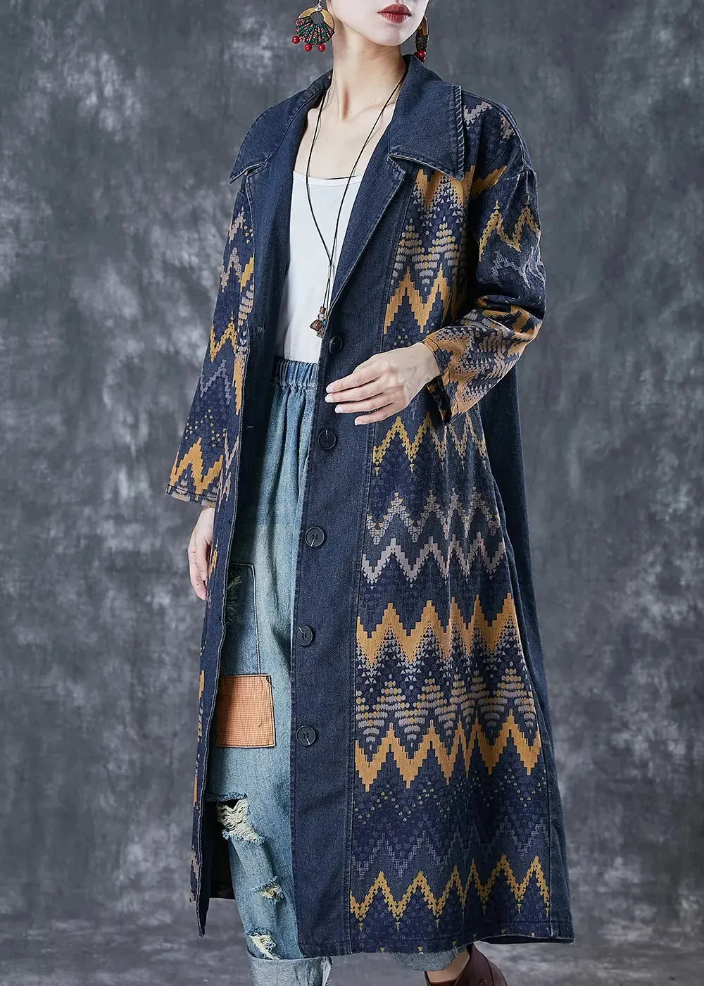 Navy Print Denim Coat Outwear Fall