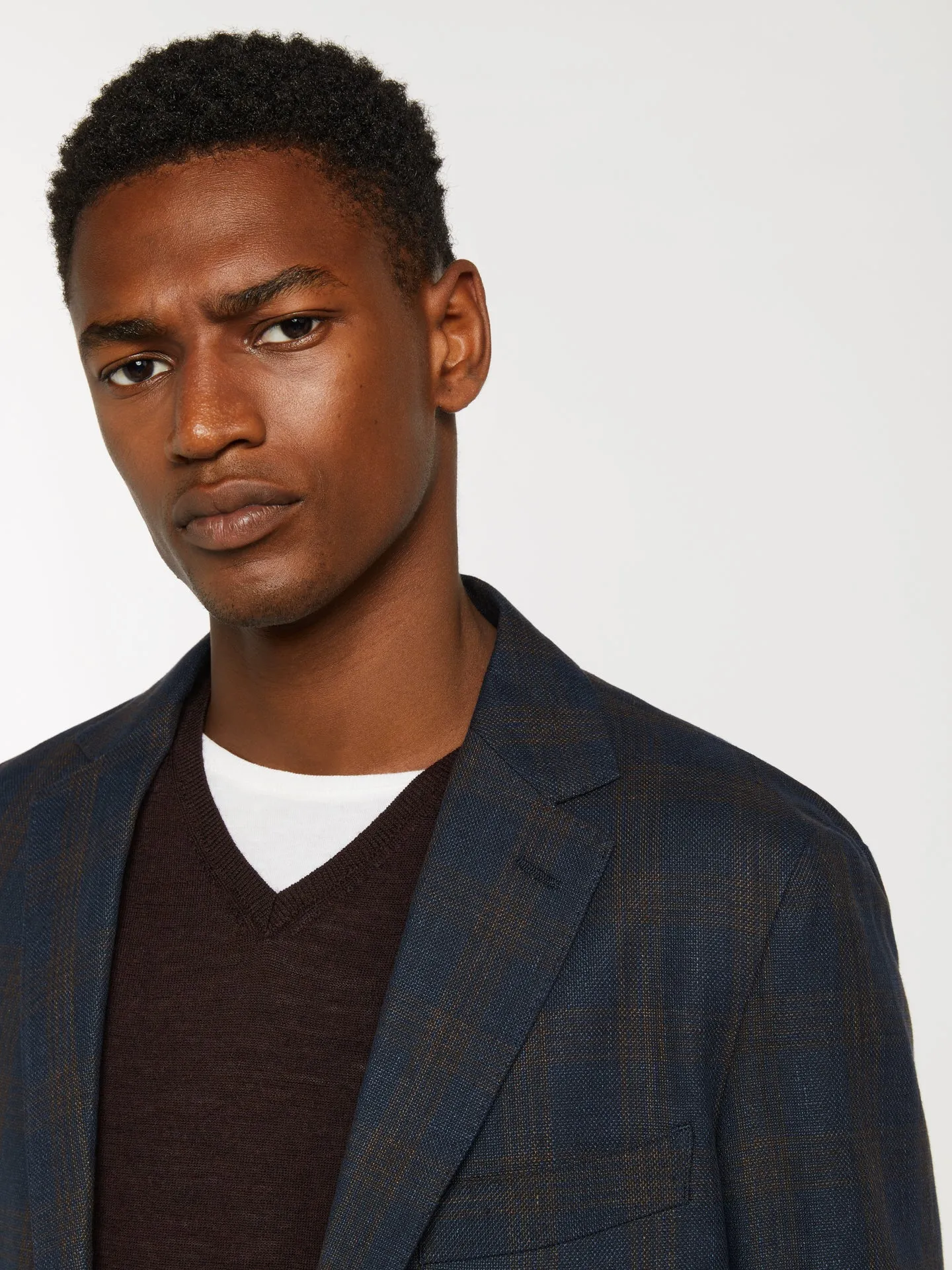 Unstructured windowpane check wool linen blazer