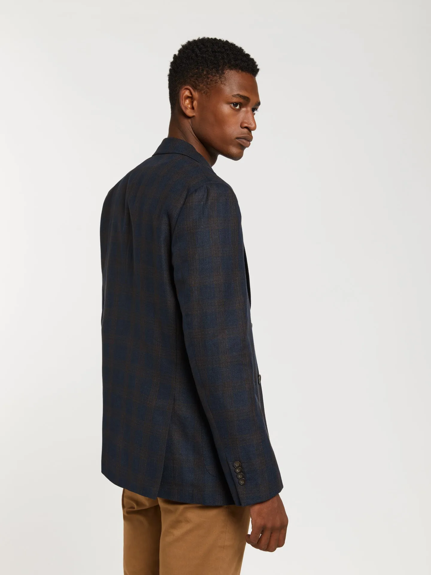 Unstructured windowpane check wool linen blazer