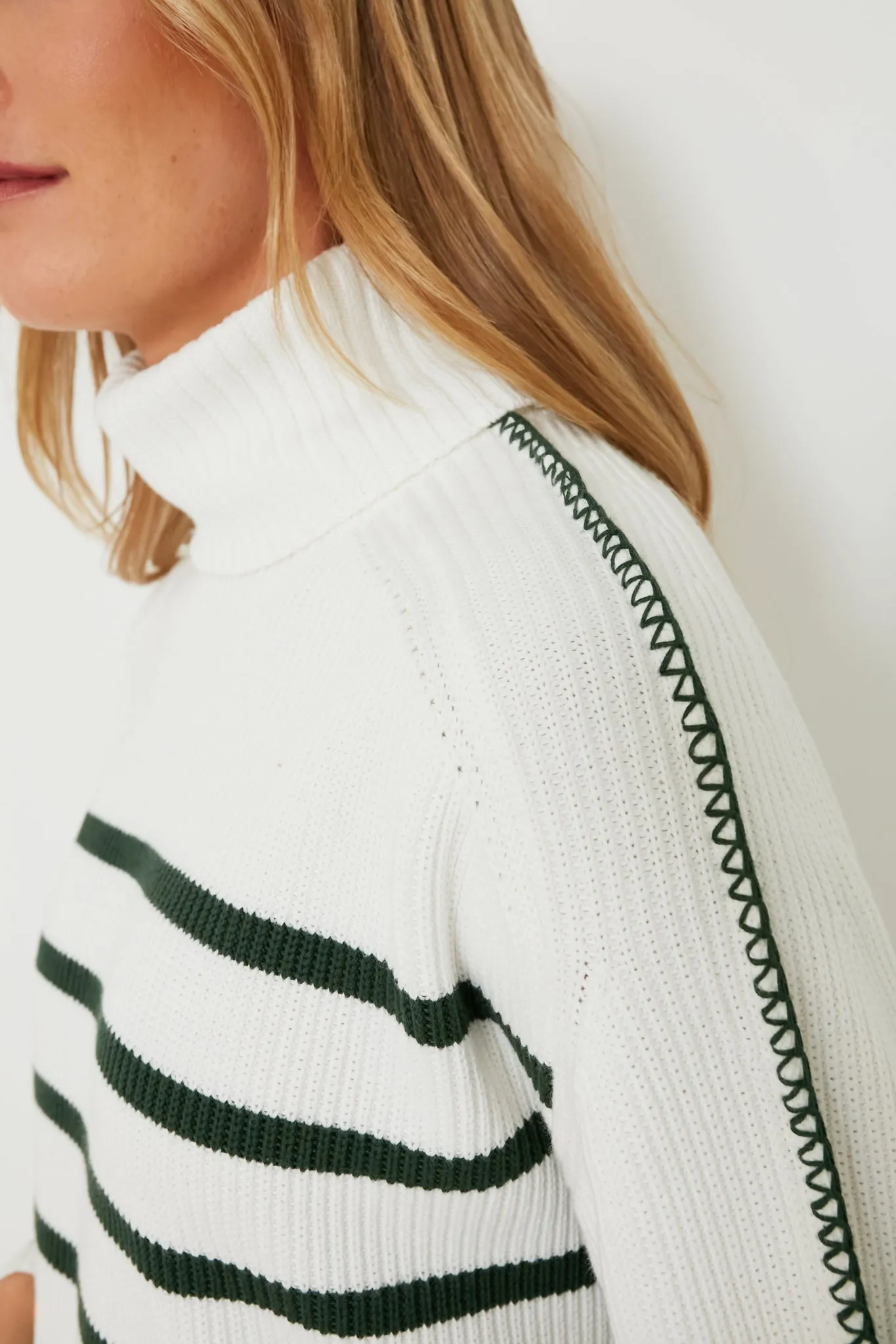 White & Forest Green Striped Emsley Turtleneck