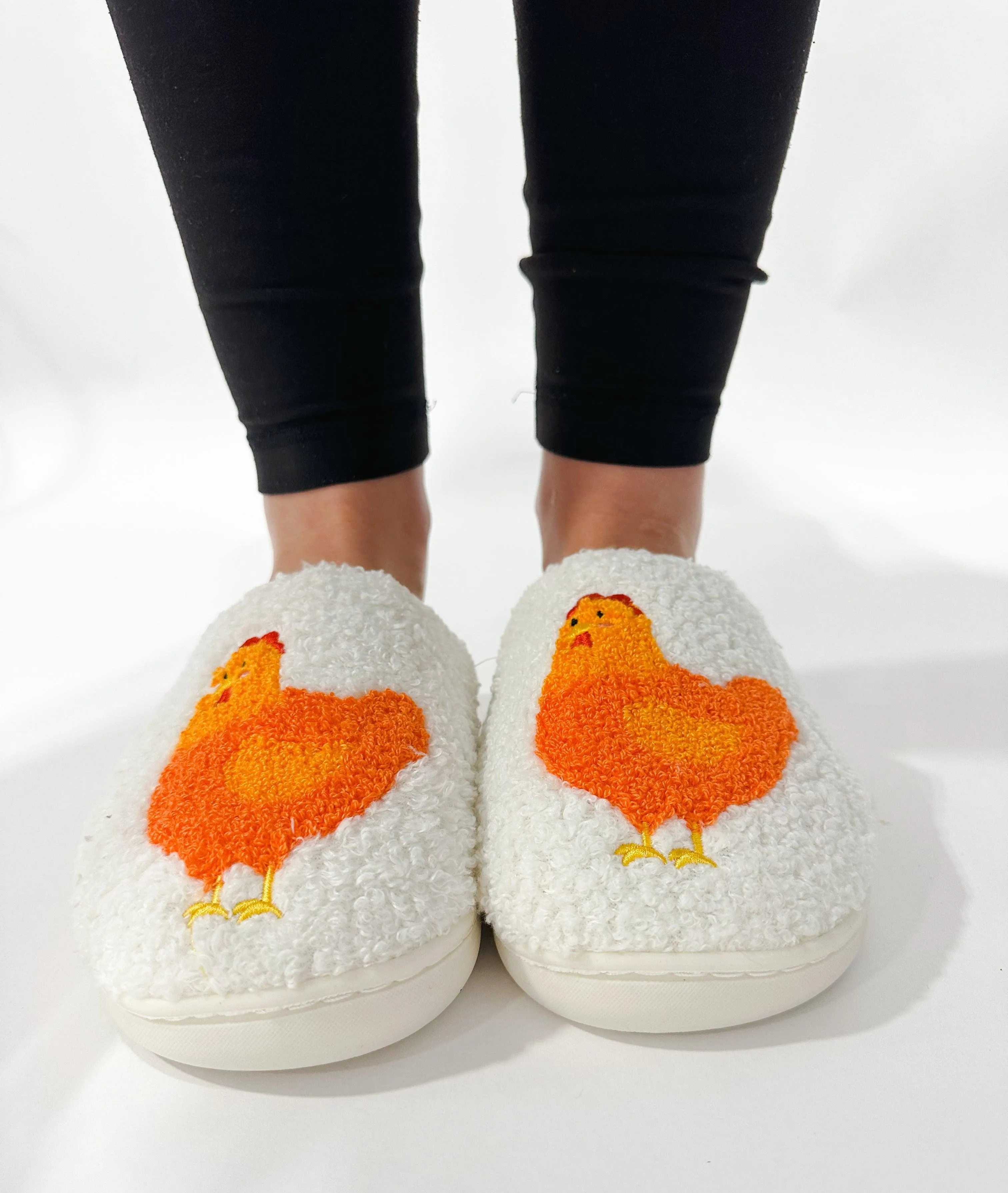 White Fuzzy Chicken Slippers - Adult