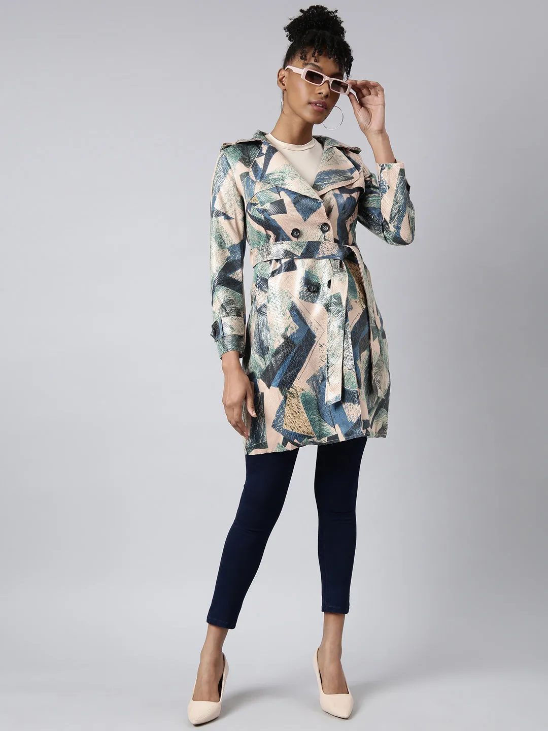 Women Abstract Longline Green Trench Coat