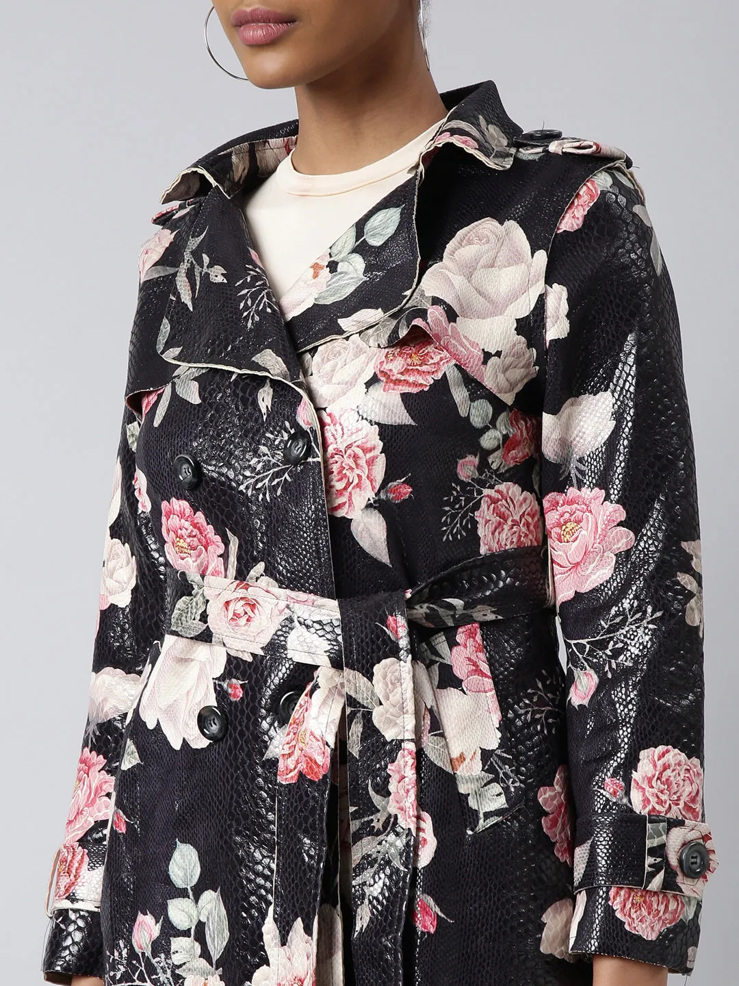 Women Floral Longline Black Trench Coat