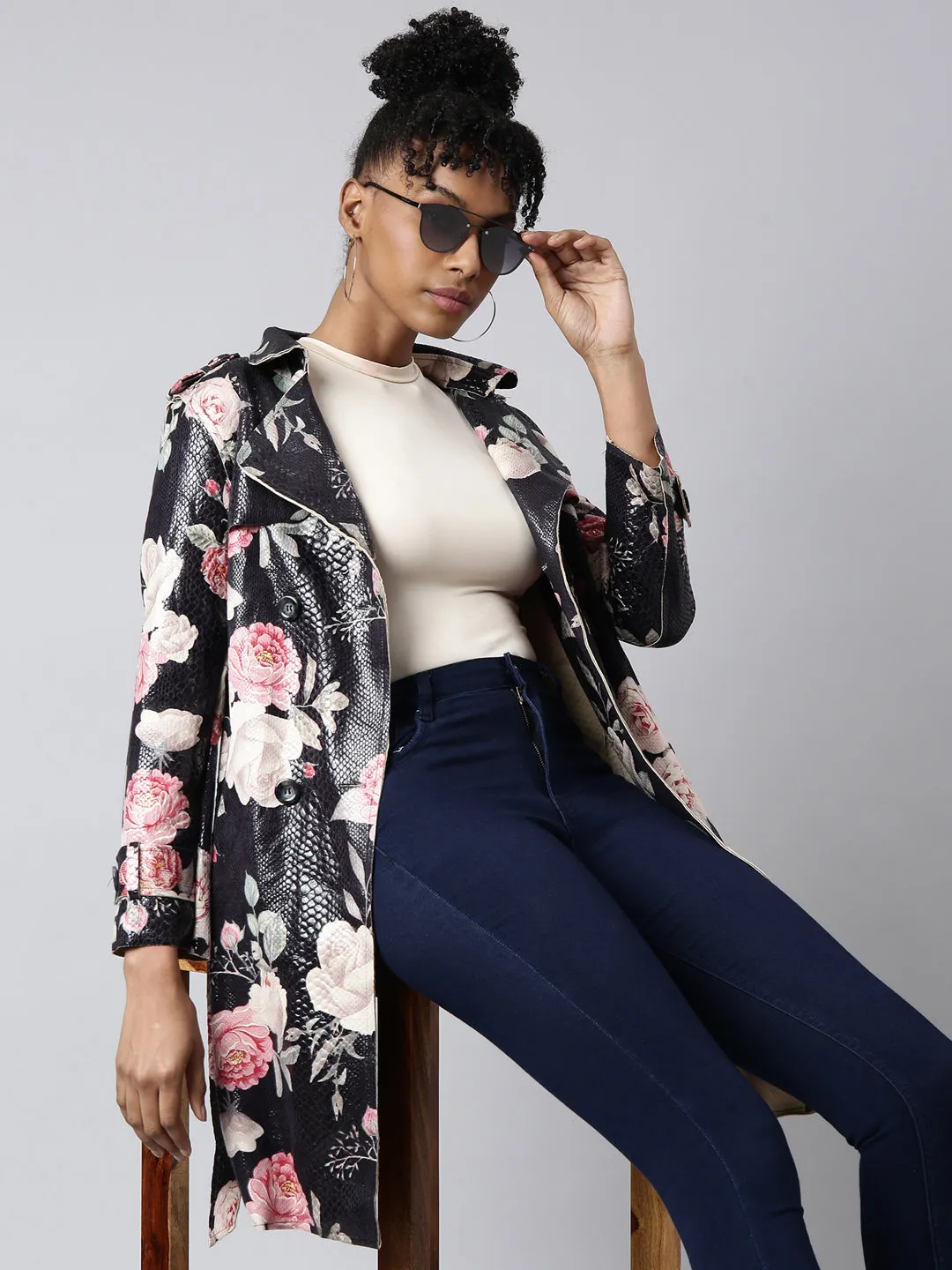 Women Floral Longline Black Trench Coat