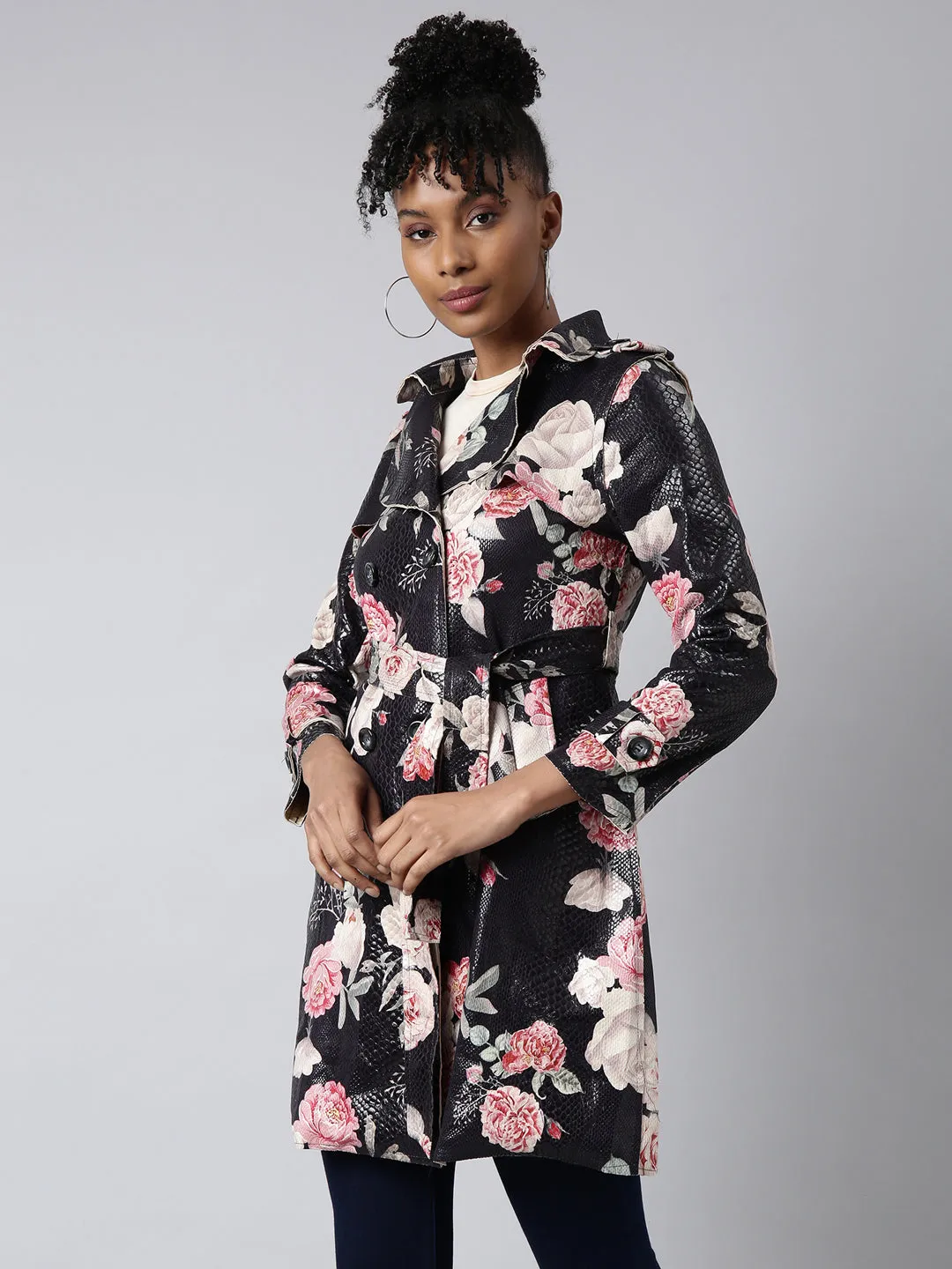 Women Floral Longline Black Trench Coat